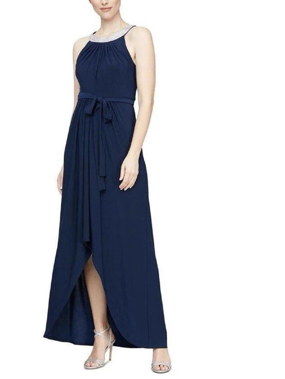 SL NY Fashions Formal Dress Rhinestone Halter Gown Long Blue Size Holiday Party